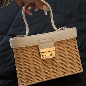 Woven Wicker Top-Handle Bag with Cream Trim